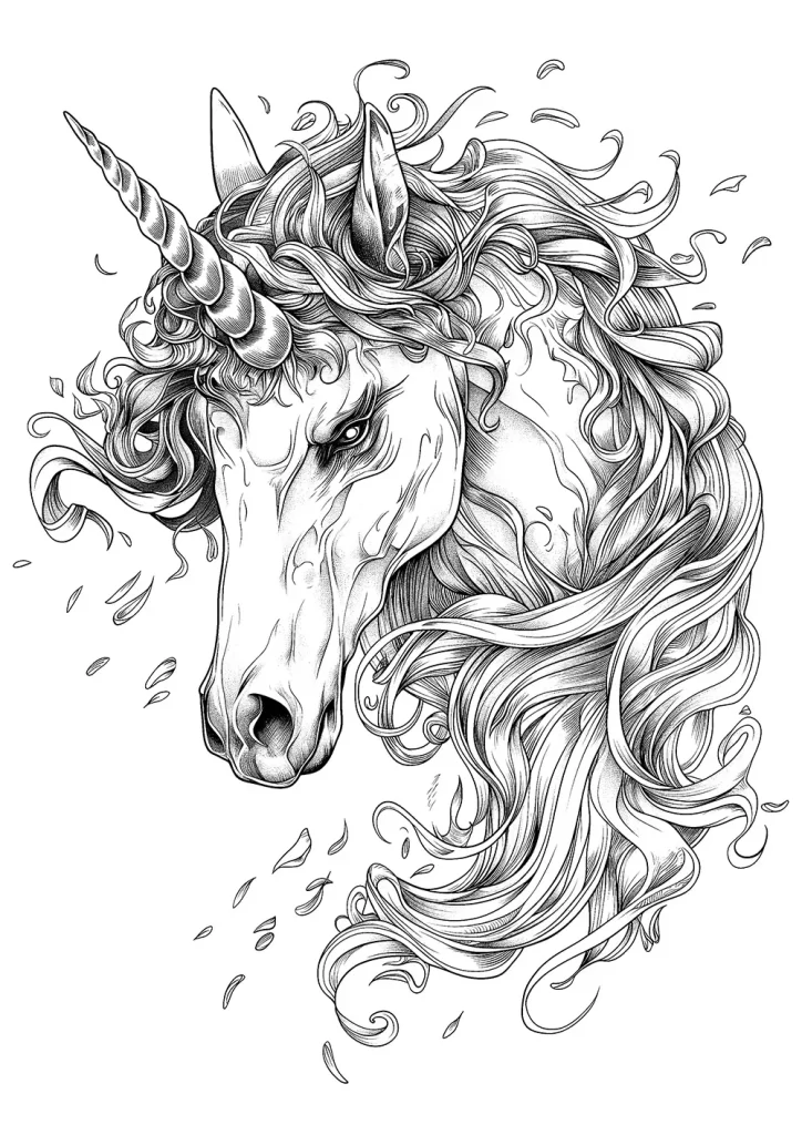 Detailed black and white illustration of a unicorn's head with a long, flowing mane and a spiraled horn, featuring intense eyes and artistic curlicues resembling wind swirls. Free Coloring Page for adults and kids.