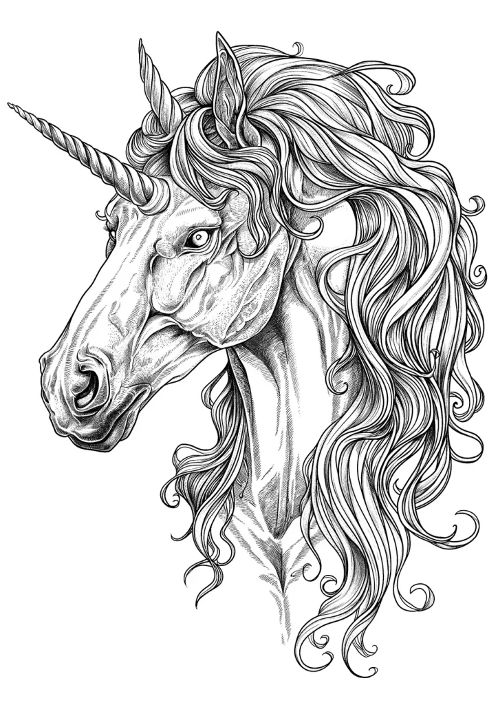 Black and white illustration of a unicorn's head with a detailed, flowing mane and a spiraled horn. Free Coloring Page for adults and kids.