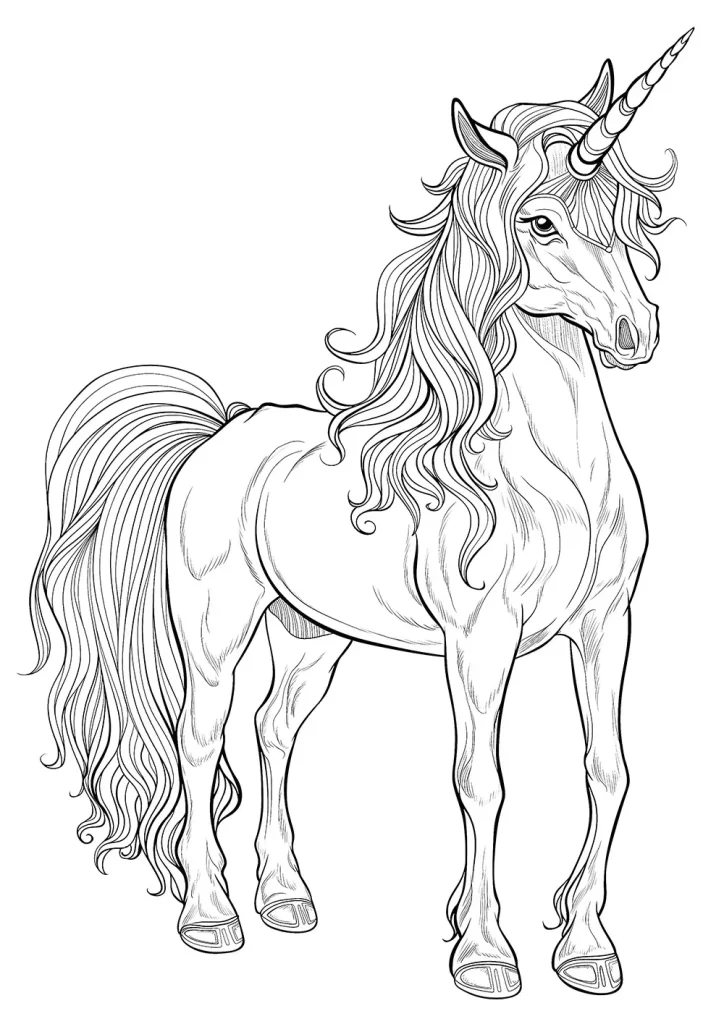 Black and white line drawing of a detailed, majestic unicorn with a flowing mane and tail, featuring a long spiraled horn. Free Coloring Page for adults and kids.