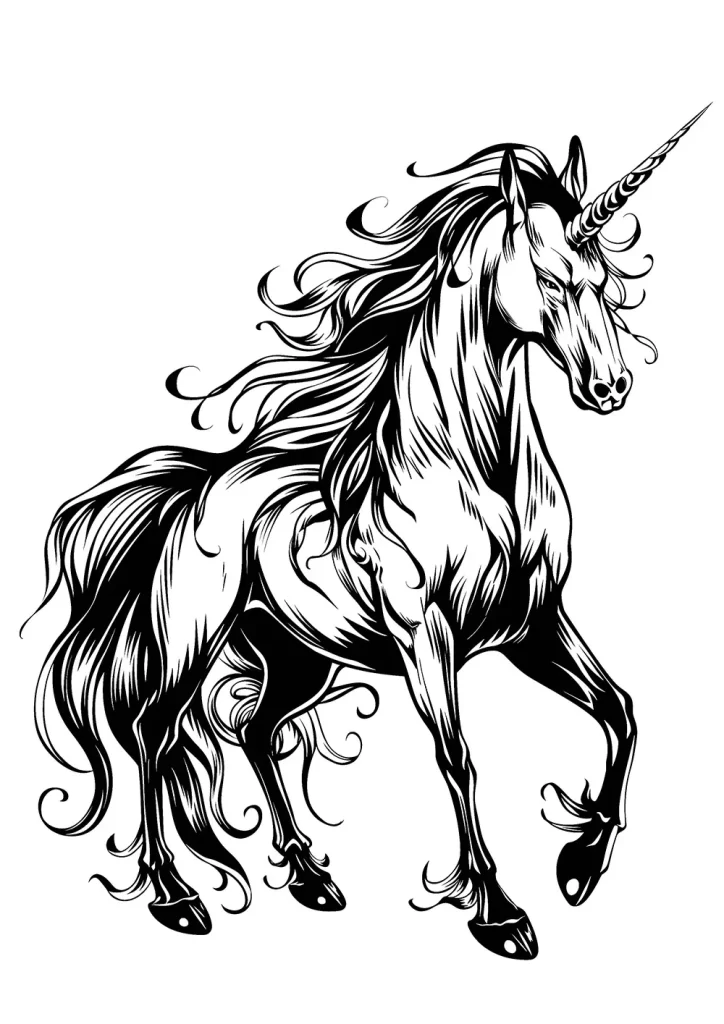 Black and white illustration of a majestic unicorn with flowing mane and tail, depicted in mid-gallop with its horn sharply pointed forward. Free Coloring Page for adults and kids.