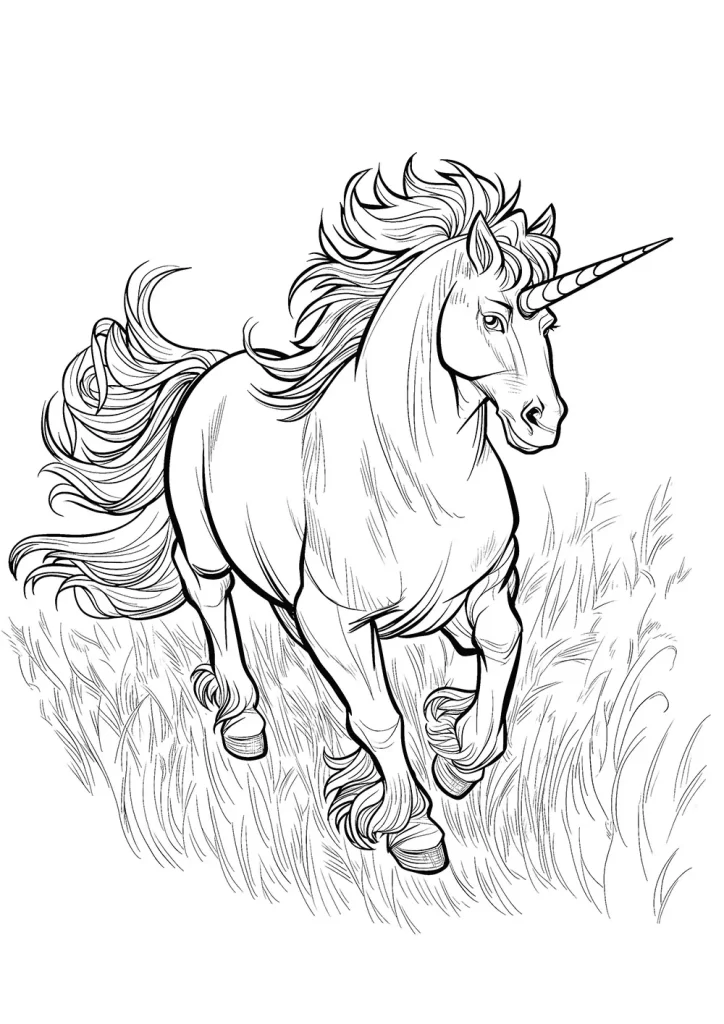 Illustration of a majestic unicorn galloping through a grassy field, with its long, flowing mane and tail dynamically displayed in motion, and a single, straight horn protruding from its forehead. Free Coloring Page for adults and kids.