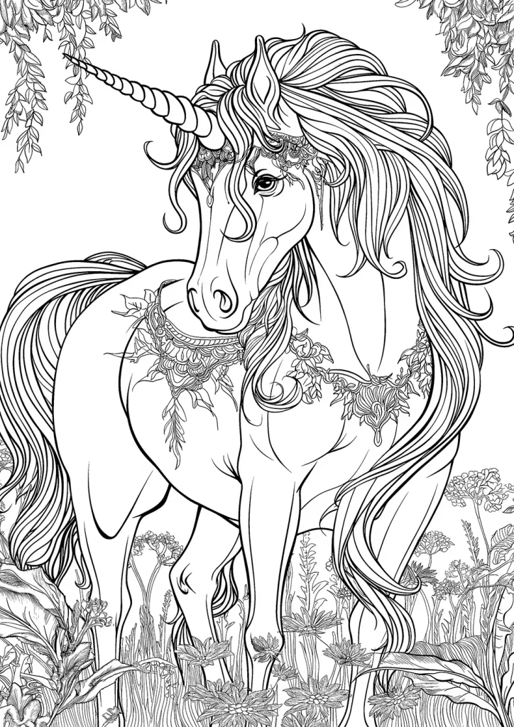 Detailed black and white line drawing of a unicorn standing amidst intricate floral foliage, featuring a long flowing mane, a spiraled horn, and adorned with elegant floral decorations around its neck. Free Coloring Page for adults and kids.