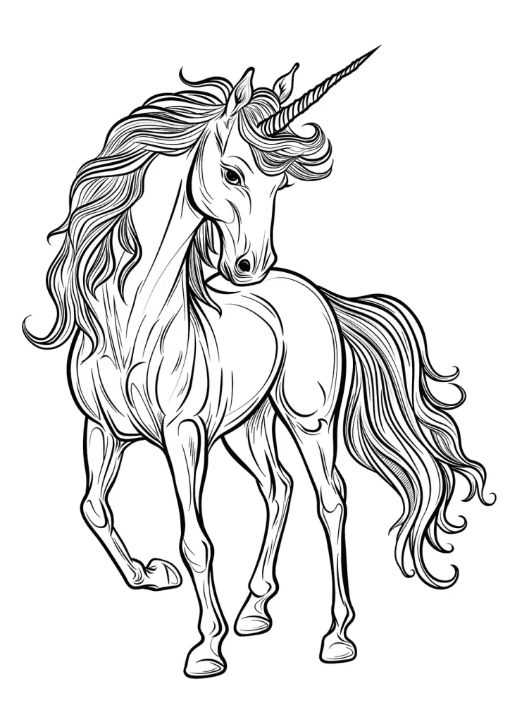 Black and white line art illustration of a majestic unicorn with a flowing mane and tail, prominently displaying a spiraled horn. Free Coloring Page for adults and kids.