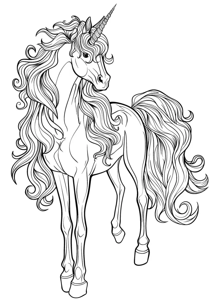 Illustration of an elegant unicorn with a long, swirling mane and tail, standing gracefully. The unicorn features a prominent, spiraled horn and an expressive gaze. Free Coloring Page for adults and kids.