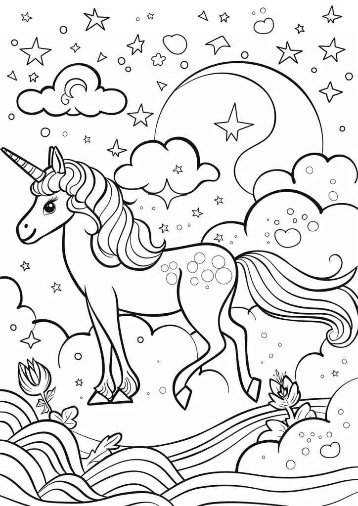 A coloring page featuring a majestic unicorn with a swirling mane and tail, standing on a cloud. The background includes a large crescent moon, multiple clouds, stars, and hearts scattered throughout. Free Coloring Page for adults and kids.