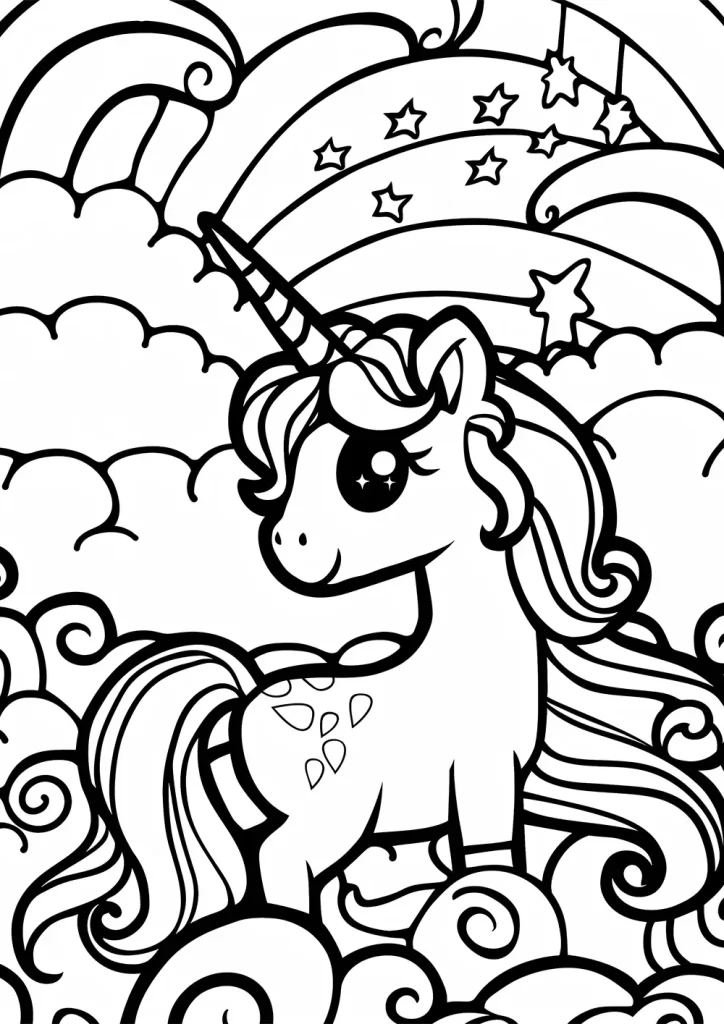 Black and white illustration of a cheerful unicorn with a spiraled horn and starry eyes, standing on clouds with a fanciful background of stars, a rainbow, and more clouds. Free Coloring Page for adults and kids.