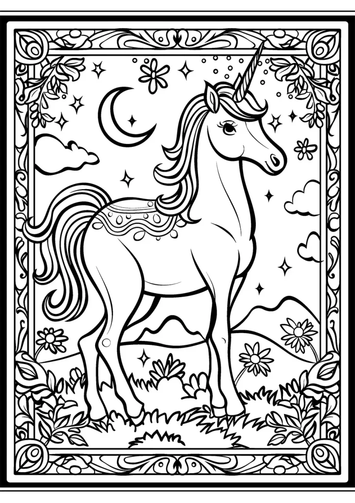Black and white coloring page featuring a majestic unicorn standing amidst flowers, with a backdrop of stars and a crescent moon enclosed within an ornate floral border. Free Coloring Page for adults and kids.