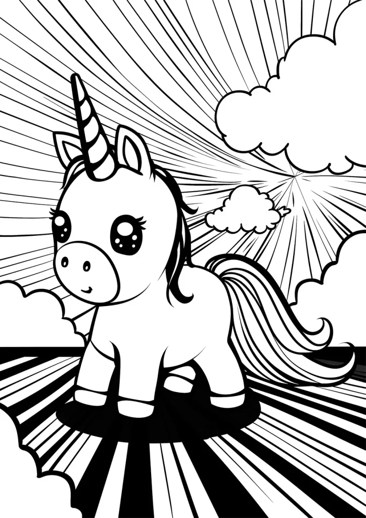 Black and white illustration of a cute unicorn with big eyes and a swirling horn, standing on a striped hill with rays of light and fluffy clouds in the background. Free Coloring Page for adults and kids.