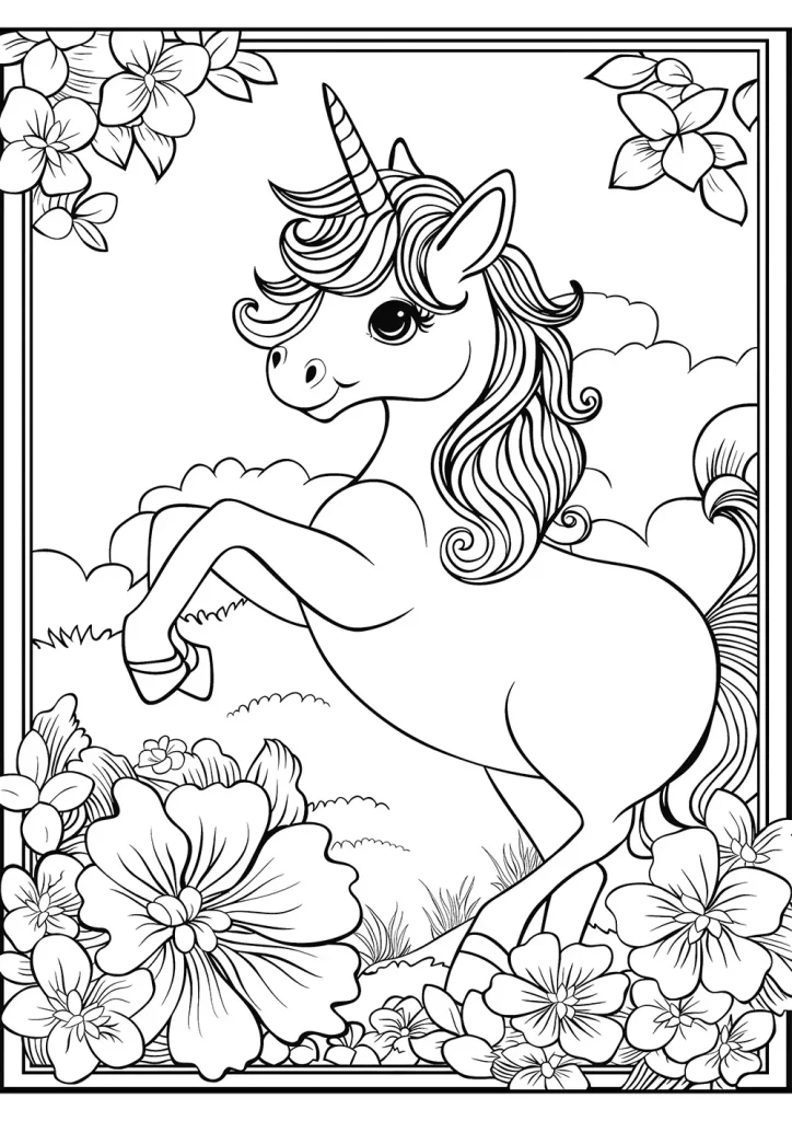 Black and white coloring page featuring a cheerful unicorn with a swirling mane and tail, prancing among large flowers and fluffy clouds, framed by a decorative border with additional flowers. Free Coloring Page for adults and kids.