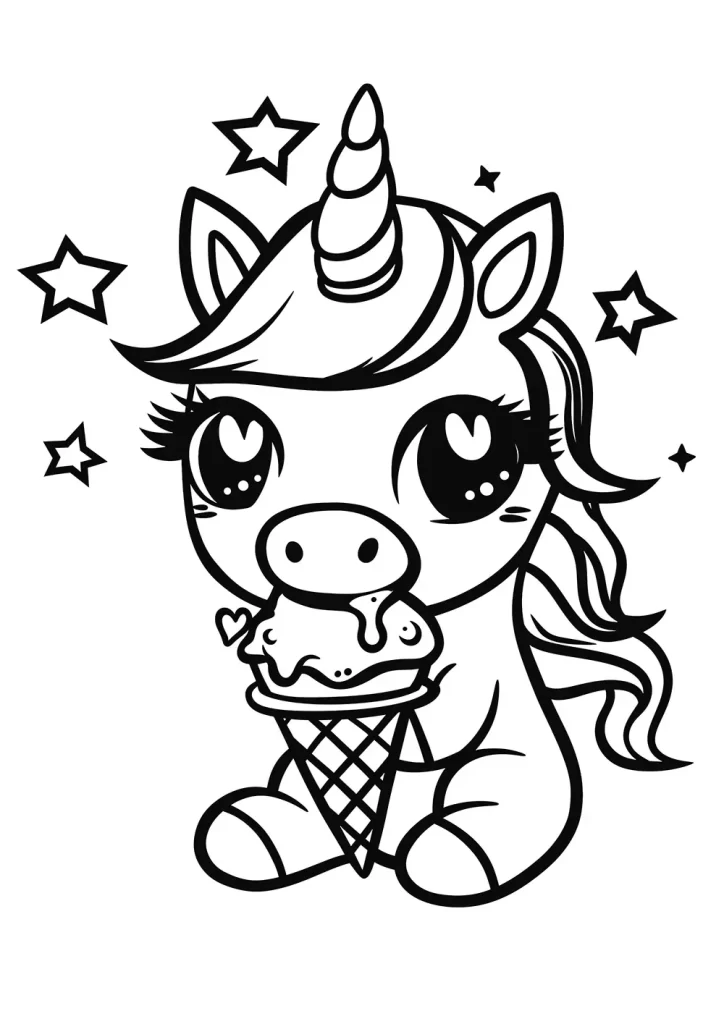 Black and white illustration of a cute unicorn with large, expressive eyes, sitting and holding a melting ice cream cone, surrounded by floating stars. Free Coloring Page for adults and kids.