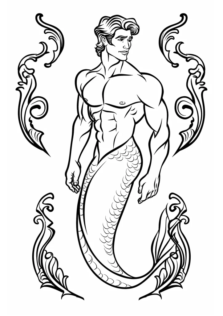 a merman with the muscular upper body of a man and the long, scaled tail of a fish, framed by elegant, swirling line art. coloring page