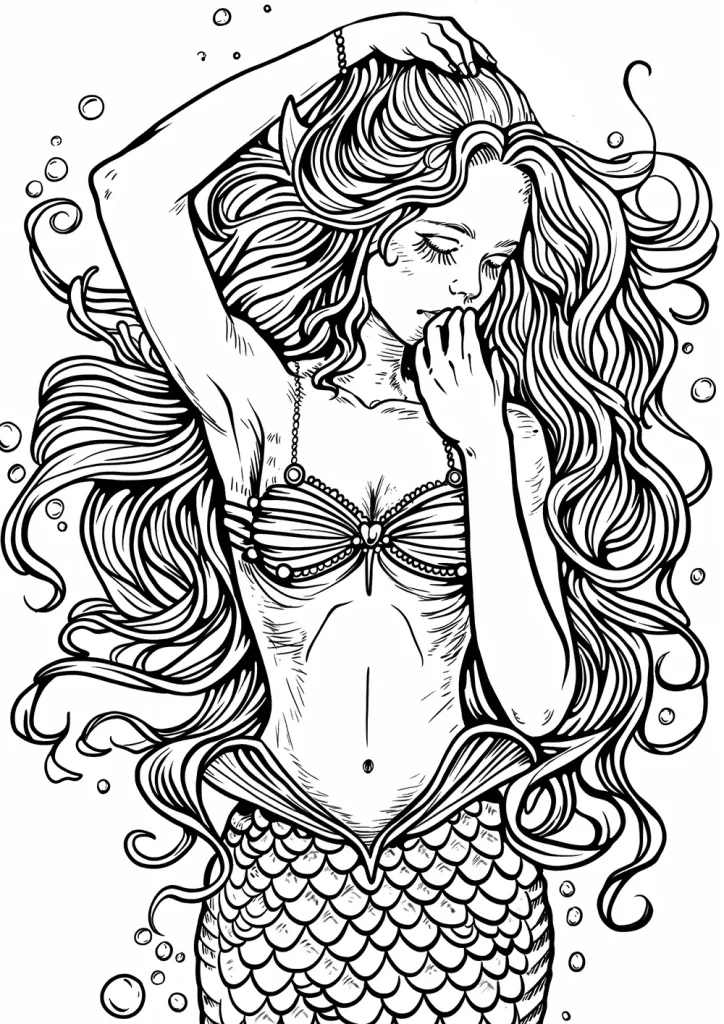 Black and white illustration of a mermaid with flowing hair and a detailed scale texture on her tail, wearing a shell bikini top, depicted in a graceful pose with one hand raised to her head and the other at her mouth, surrounded by bubbles.