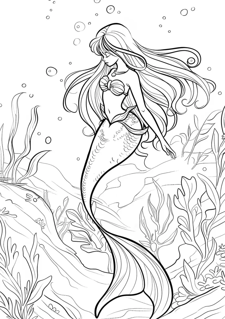 A mermaid floating underwater with her eyes closed. Surrounded by seaweed and bubbles.  Free coloring page