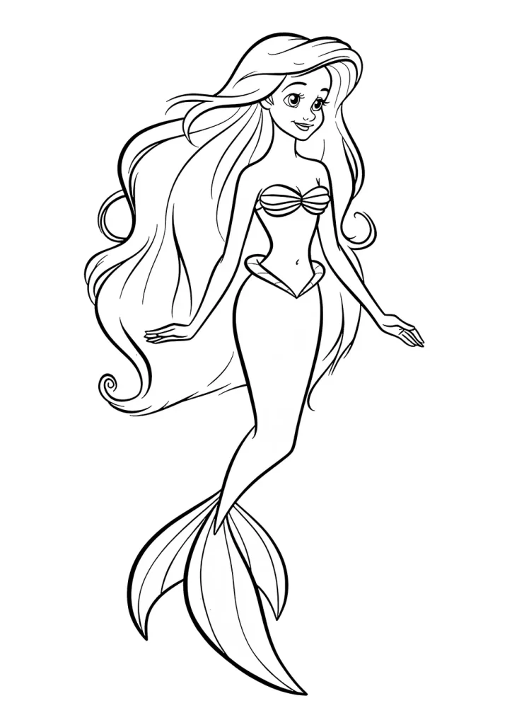 a smiling mermaid with long flowing hair and a seashell bikini top, her tail gracefully curving to one side. She looks like Ariel from the little mermaid. coloring page