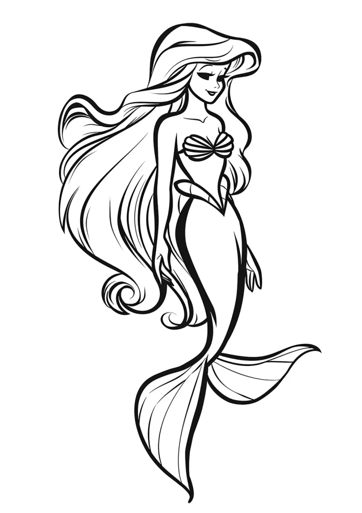  stylized mermaid with flowing hair and a long, curving tail, smiling subtly and looking downwards. She looks similar to Ariel from The Little Mermaid Disney cartoon.