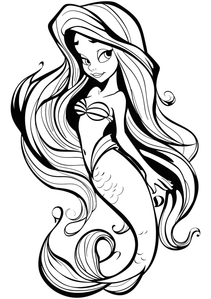 Black and white line drawing of a mermaid with flowing hair and an ornately detailed tail, holding a pearl in her hand. Coloring page