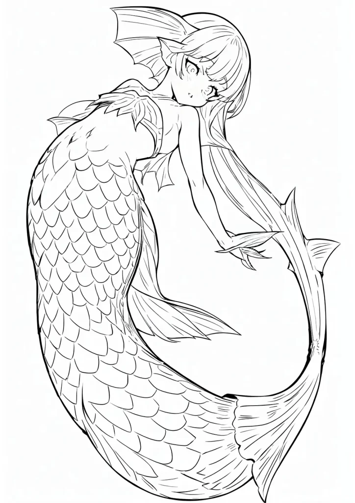 a mermaid with a long, flowing tail and detailed scales, looking over her shoulder with a gentle expression. Her hair is styled with large, wavy bangs, and her fins are delicately textured. Free anime coloring page for adults