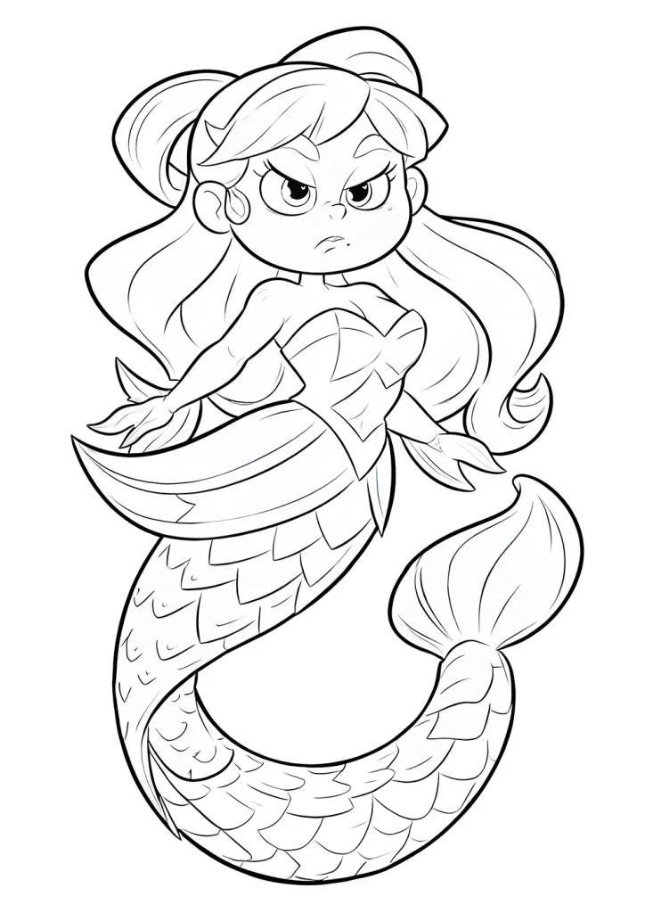Black and white line drawing of an animated mermaid girl with a determined expression. She has big eyes, two ponytails, and her mermaid tail is adorned with scales and fins.
