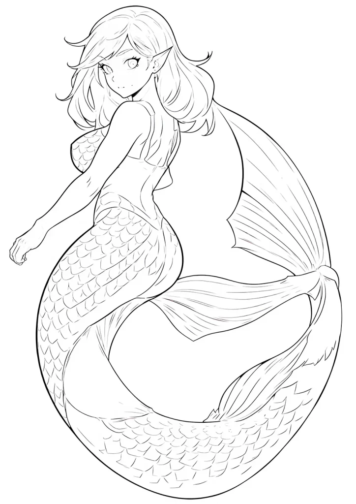 line art illustration of a mermaid with an elegantly coiled tail, featuring detailed scales and fin work, looking over her shoulder with big, expressive eyes and flowing hair. Free coloring page for adults
