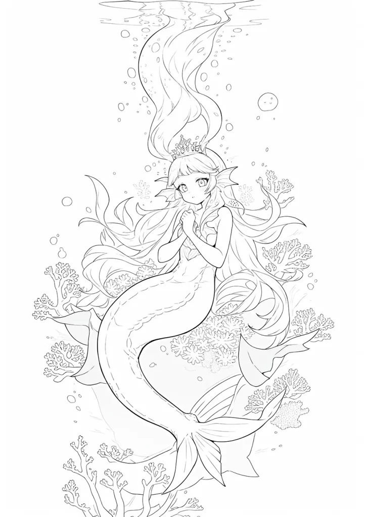 a young mermaid with delicate features, wearing a crown, and seated among underwater flora. Her long, flowing hair and mermaid tail are intricately detailed, emphasizing her graceful pose as she looks contemplatively towards the viewer. free anime coloring page for adults