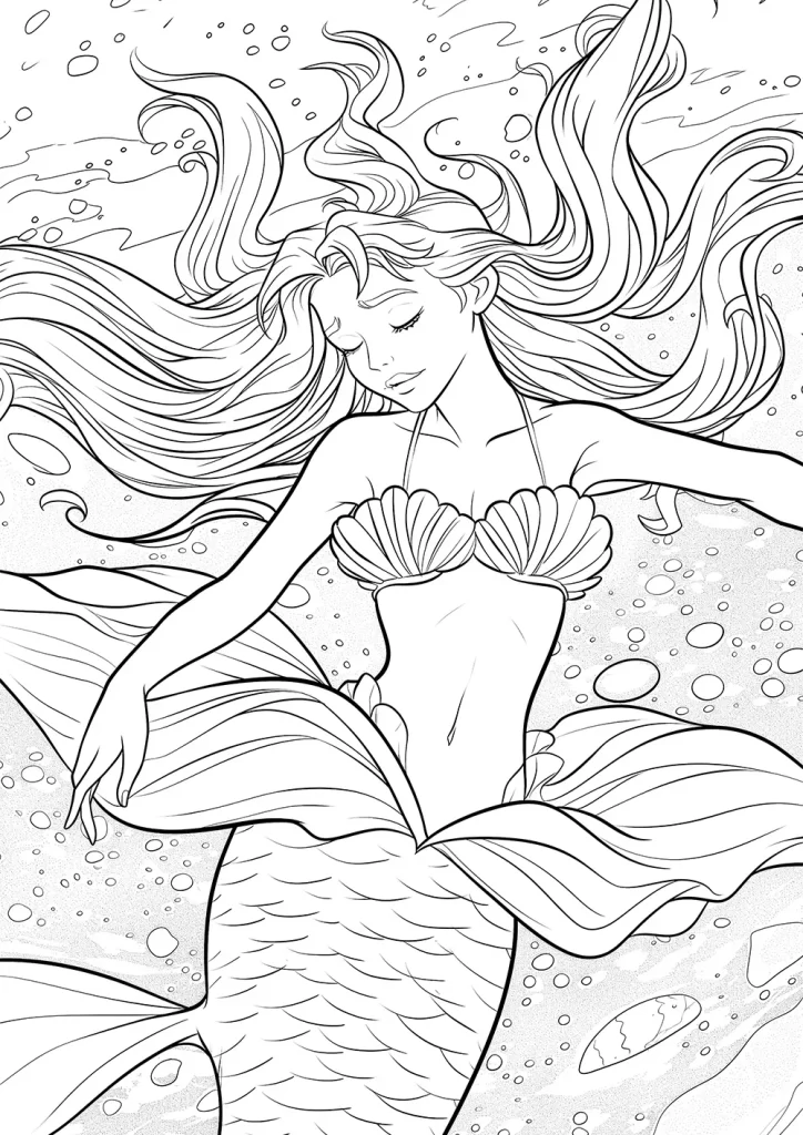 a serene mermaid with flowing hair and scales, posed underwater among bubbles. She is wearing a sea shell top. Free mermaid coloring page pdf