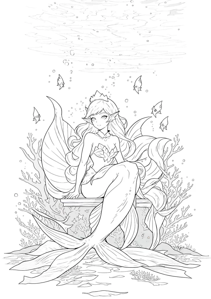 A free mermaid coloring page, featuring a mermaid sitting on a rock underwater, surrounded by fish and seaweed, with delicate line art details.