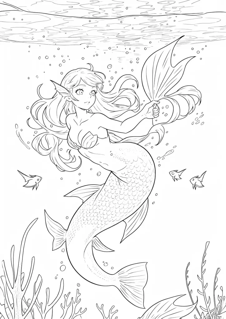 a mermaid with pointed ears and long flowing hair, swimming underwater and holding her tail with one hand. There are small fish and aquatic plants surrounding her. free adult coloring page