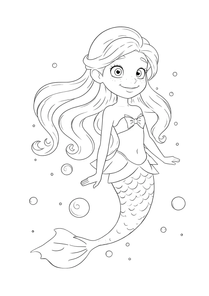 A young mermaid in cartoon Disney Style. She has long, flowing hair, a bow on her bikini top, and a fish-like tail, surrounded by various sized bubbles. Free mermaid coloring page for children to print
