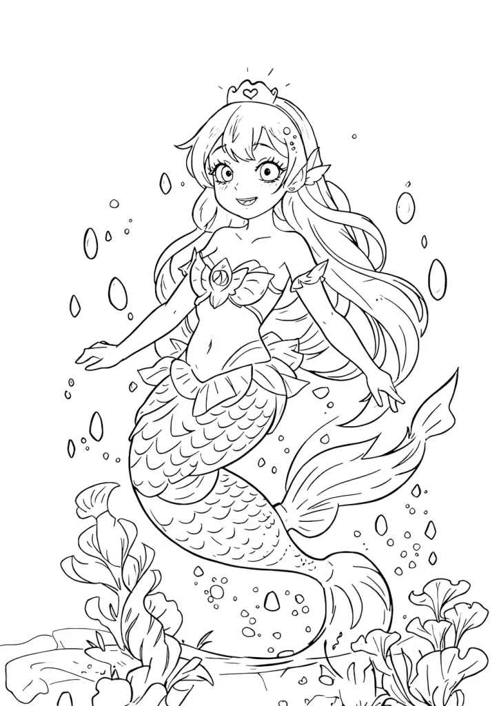 a cheerful mermaid with long hair and a crown, surrounded by water droplets and underwater plants. Anime style free coloring page