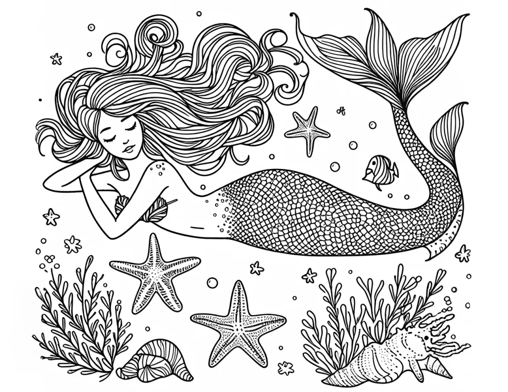a mermaid resting underwater with flowing hair and a detailed tail, surrounded by starfish, seaweed, small fish, and shells. free coloring page