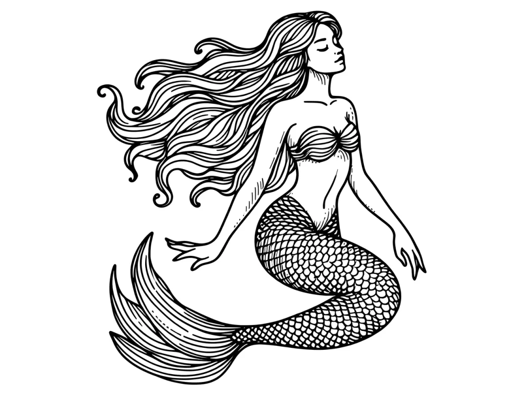 Vintage style mermaid sitting, with her flowing hair and scaled tail beautifully detailed.