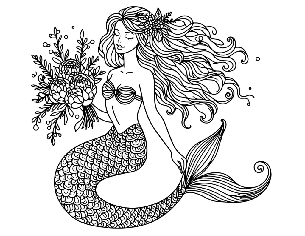 Black and white line art illustration of a mermaid with flowing hair and a detailed tail, holding a bouquet of flowers.