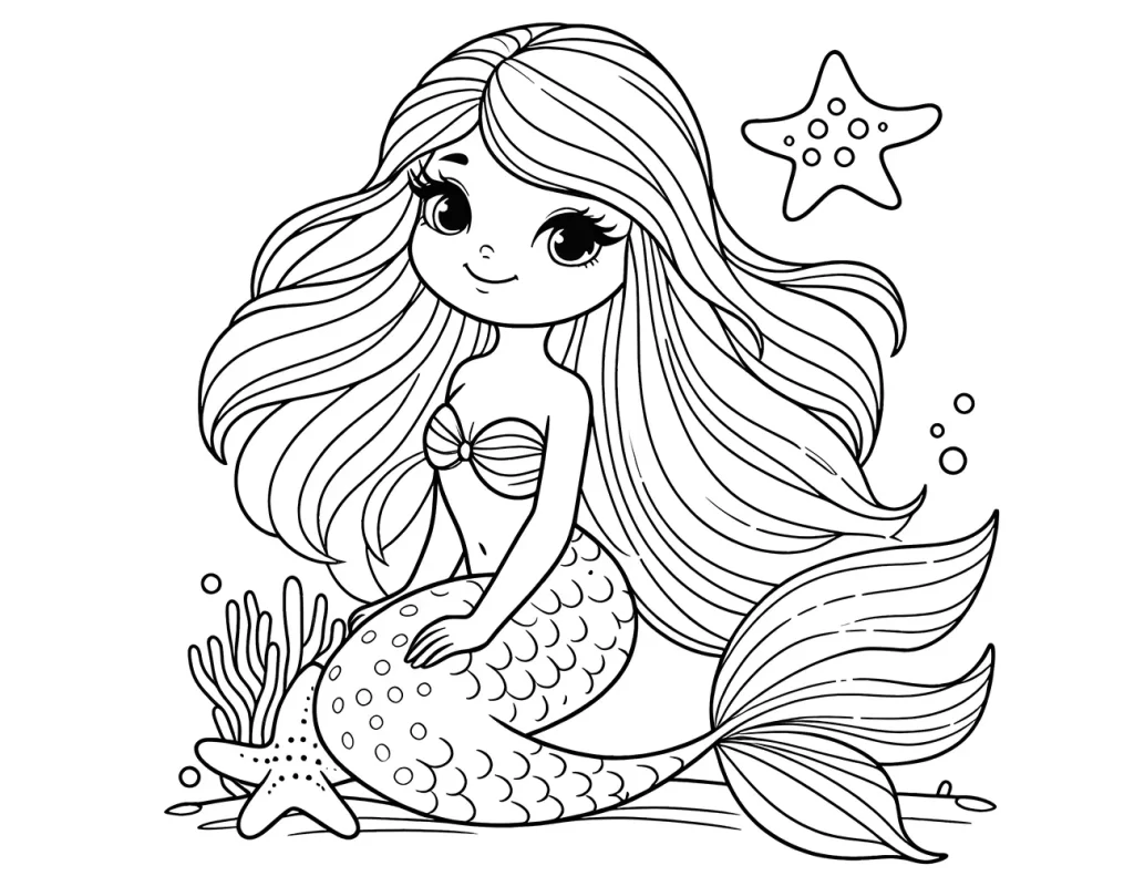 a pretty mermaid with long wavy hair, sitting on a rock next to a starfish and coral, with a starfish and bubbles floating above. coloring page