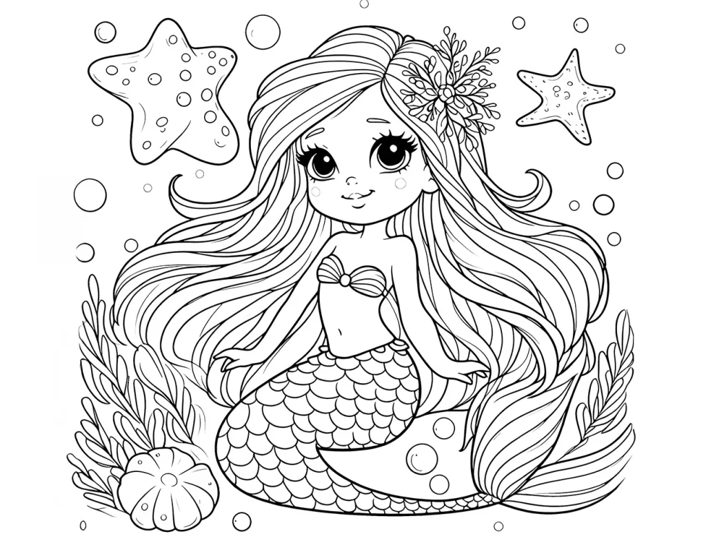 a cute mermaid with long flowing hair adorned with flowers and starfish, seated among underwater plants and bubbles, with two starfish in the background. free coloring page