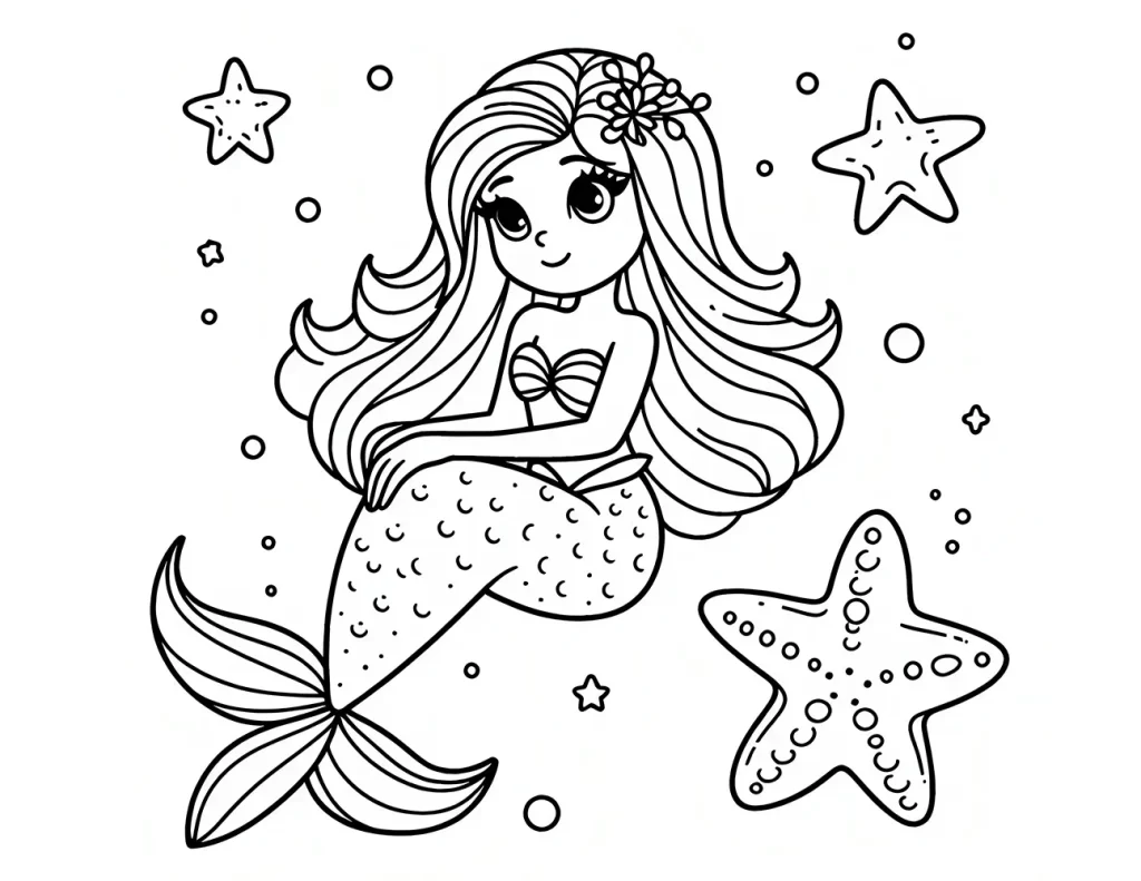 A coloring page of a  young, cheerful mermaid with long wavy hair adorned with flowers, sitting next to starfish and bubbles. Free mermaid coloring page for kids