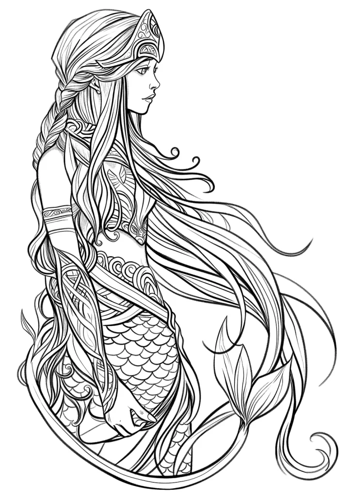 a mermaid with an ornately detailed tiara and armor, featuring long flowing hair interwoven with elegant braids and scales, set within an artistic, circular border. Free intricate coloring page for adults