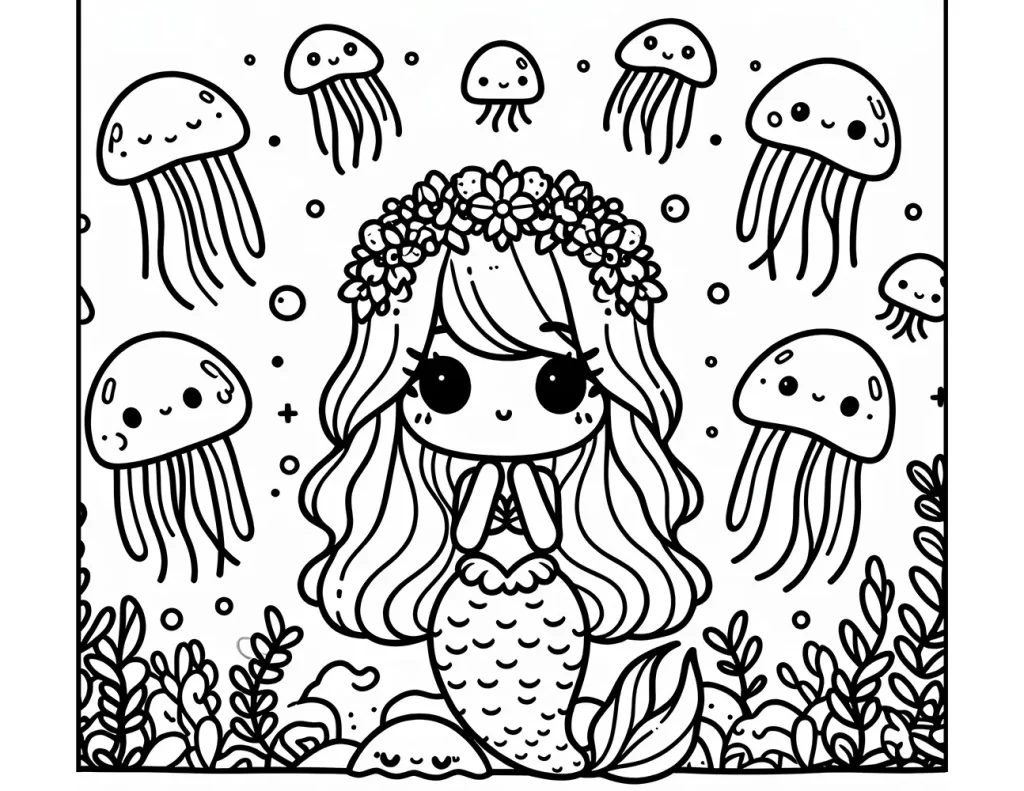 a cartoon-style mermaid with a floral wreath in her hair, surrounded by smiling jellyfish and underwater plants. free kid coloring page