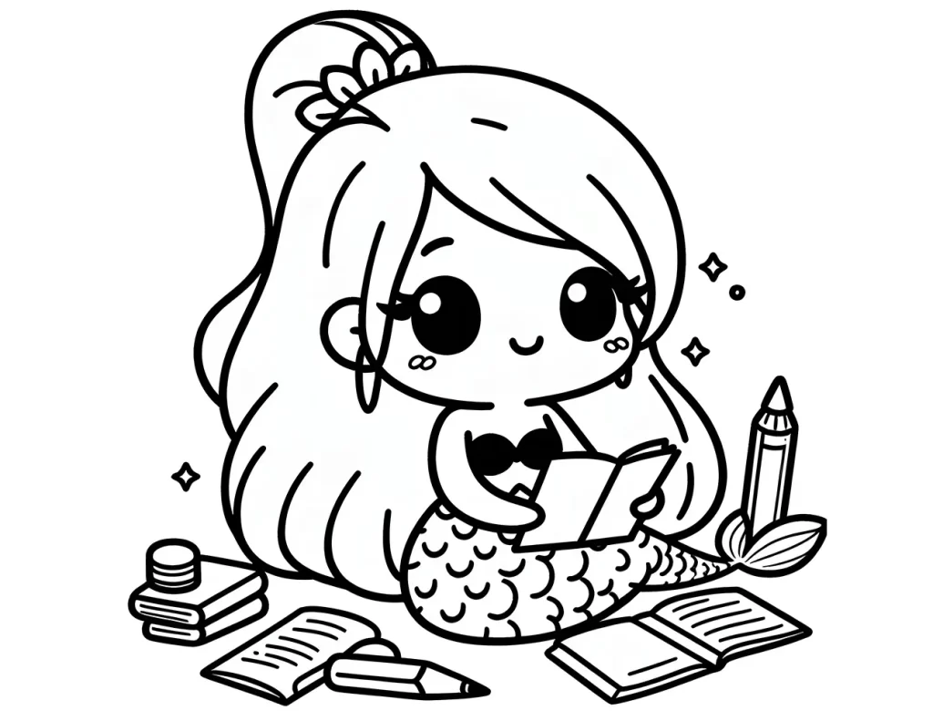 Black and white illustration of a cute, mermaid girl reading a book, with scattered school supplies around her, including a pencil, books, and ink bottle. Free mermaid coloring page for kids