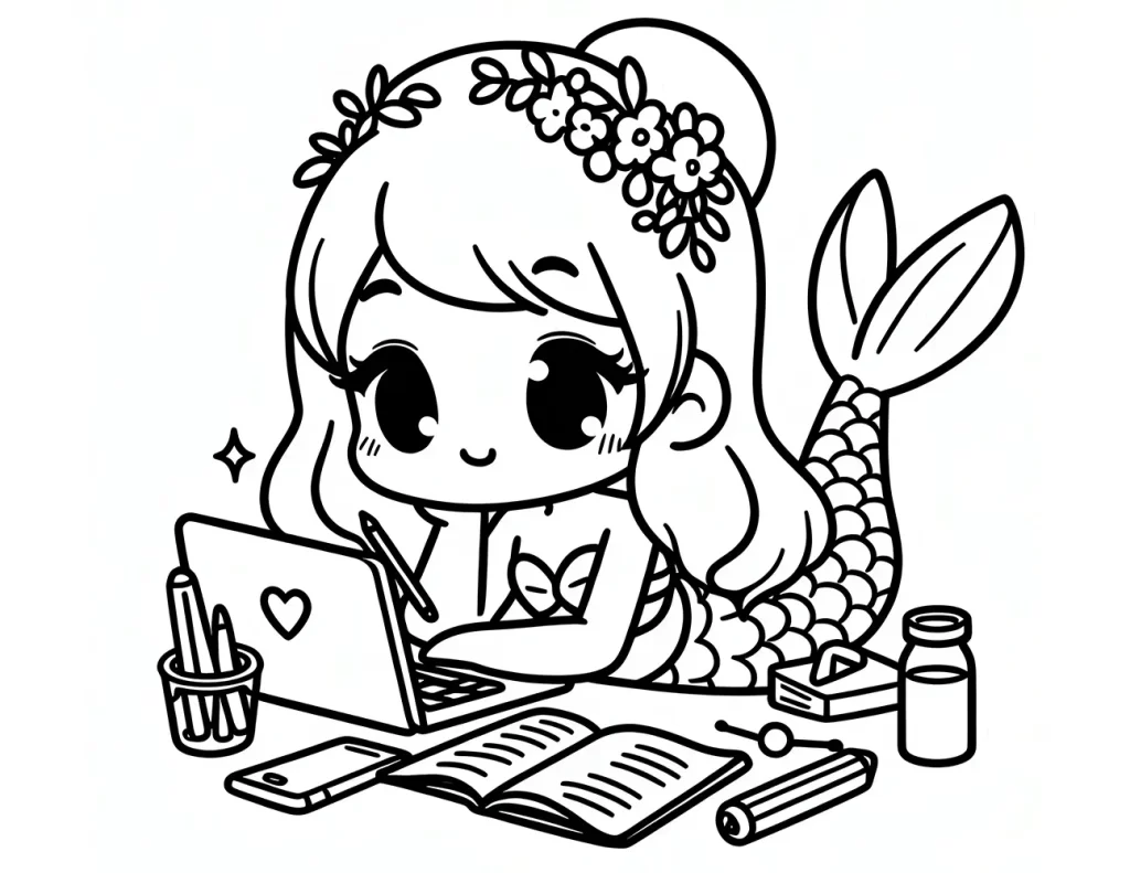 a cute, cartoon-styled mermaid girl with large eyes and a floral wreath, working on a laptop at a desk with books, a smartphone, and stationery items around her. coloring page