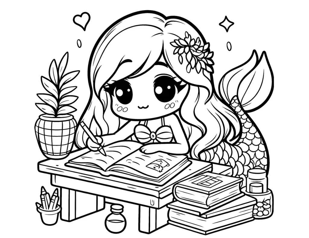 an adorable mermaid girl with large eyes and a floral decoration in her hair, sitting at a desk and writing in a book. The desk is cluttered with more books, an ink bottle, and a small potted plant. There are decorative hearts and stars around her. Free coloring page for kids to print pdf
