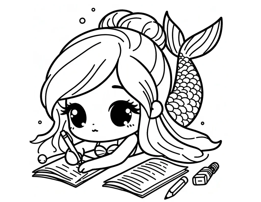 a cute, stylized mermaid with large expressive eyes, writing on a piece of paper. She has a detailed fish tail and her hair styled in a swirling updo. Small bubbles and a pencil with an eraser are also depicted.