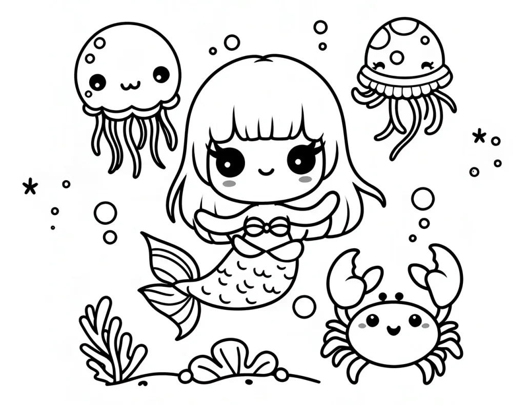 a cute mermaid girl with a fish tail, surrounded by two jellyfish, a crab, bubbles, and underwater plants. free mermaid coloring page for kids