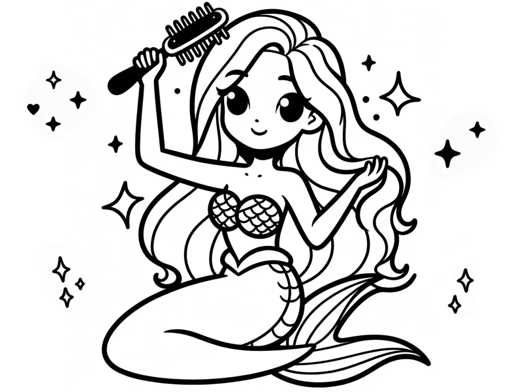 a cartoon mermaid with long flowing hair, brushing her hair with a comb, surrounded by small stars. free coloring page for kids