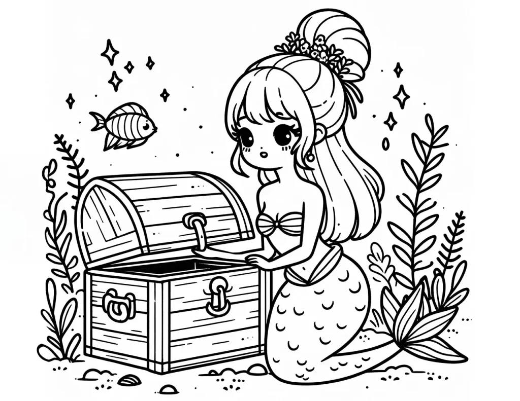 a mermaid sitting beside an open treasure chest underwater, surrounded by marine plants and a small fish, with stars twinkling around her. Free mermaid coloring page for kids