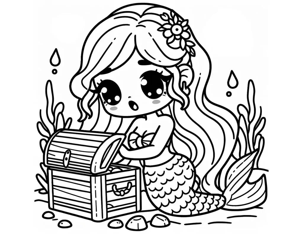 illustration of a mermaid with large eyes and long hair, adorned with a floral hairpiece, sitting beside a treasure chest underwater, surrounded by seaweed and bubbles. Free kids mermaid coloring page