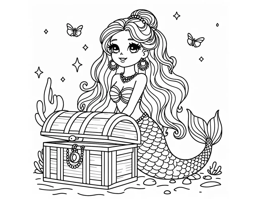 a mermaid sitting next to a treasure chest on the ocean floor, surrounded by stars and butterflies.
