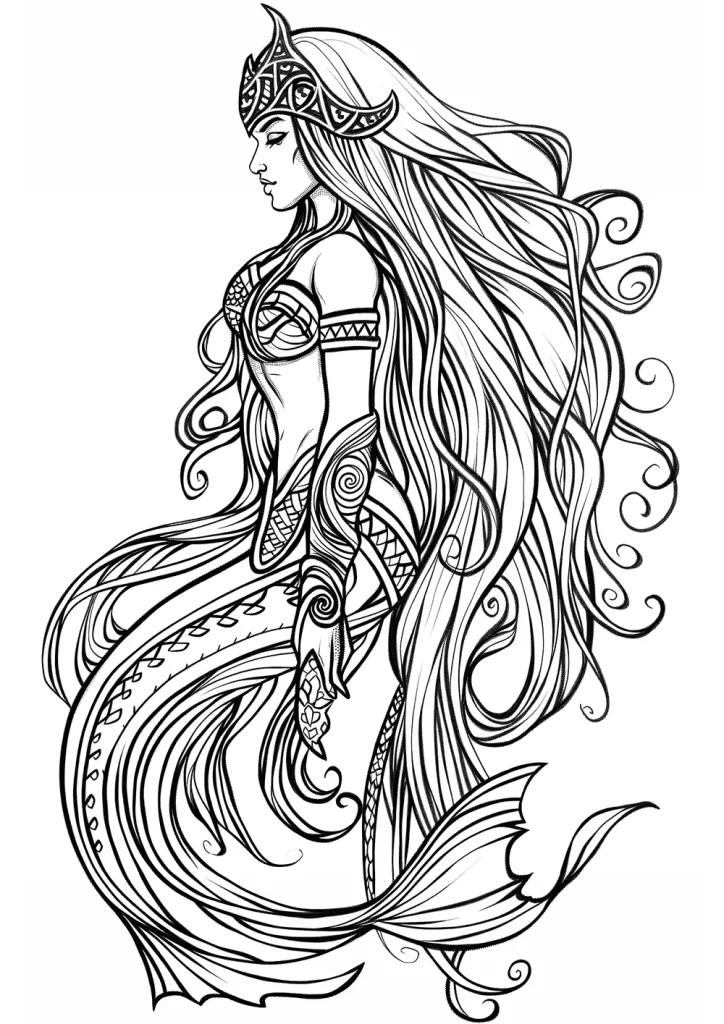 A mythical mermaid-like woman with long flowing hair, wearing an ornate crown and embroidered armor, in a standing side profile. She has Viking-like patterns around her.