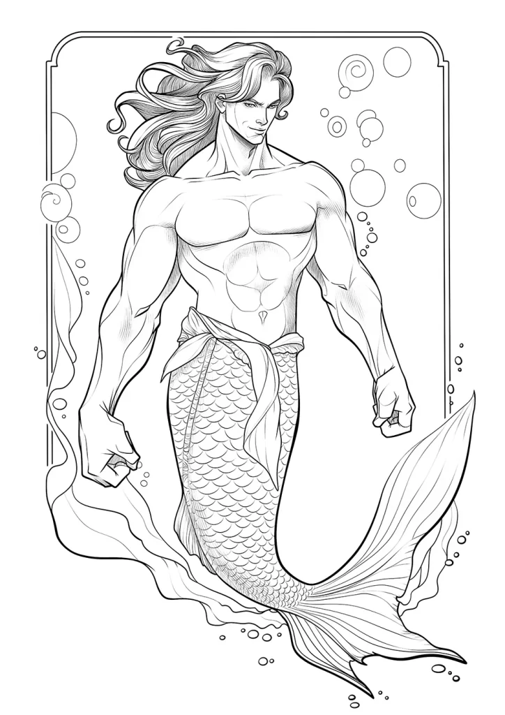 A muscular merman with flowing hair, featuring a detailed upper body and a scaly tail, surrounded by water bubbles within an ornate frame.