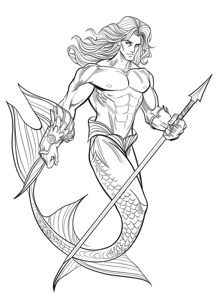 A mythical merman with long flowing hair, a muscular human torso, and a long fish-like tail, holding a spear. coloring page