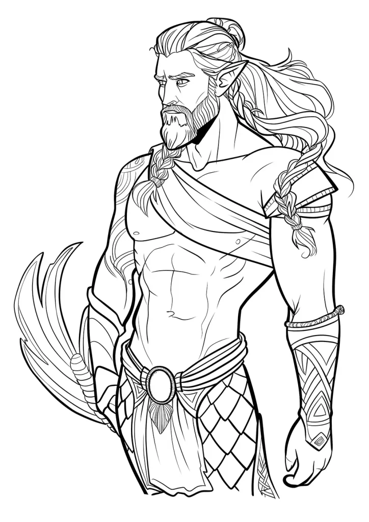 Black and white illustration of a muscular fantasy merman character with a full beard and braided hair, wearing detailed armor with a draped shoulder cloth and ornamental belt. Coloring page
